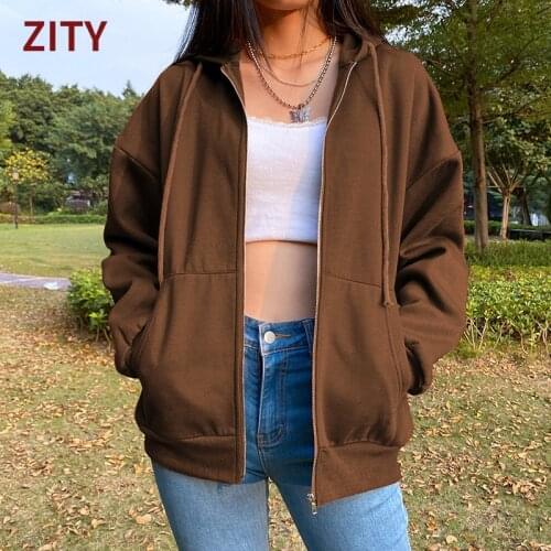 Womens Zip Up Sweatshirt Jacket Oversized Hoodie Women Brown Y2K Vintage Long Sleeve Pullover Female Autumn Harajuku Hoodies