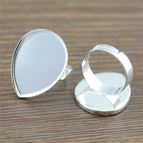 10pcs Fit 13x18/18x25mm Water Drop Shape Glass Cabochon Shiny Silver Color Copper Material Adjustable Ring Settings Base