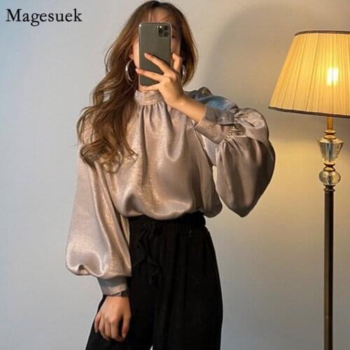 Korean Fashion Women Blouse 2021 Spring Office Ladies Loose Blouses Lantern Sleeve Solid Stand Collar Shirt Tops Blusas 12944