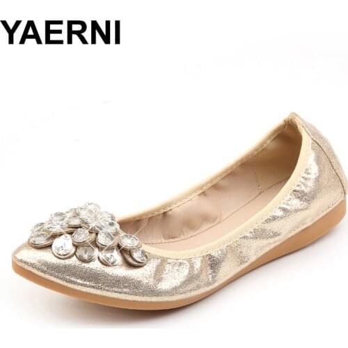 YAERNI Women Crystal Ballet Flats Size 34-43 2017 Spring Solid Gold Bling Cloth Pointed Toe Slip-On Flat Shoes Woman