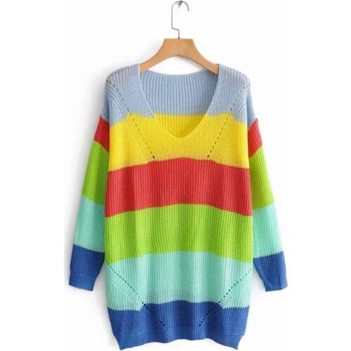 Women Autumn Loose Sexy V-neck Sweater Long Sleeve Knitted Sweet Rainbow Pullover Casual Loose Jumpers Sweaters
