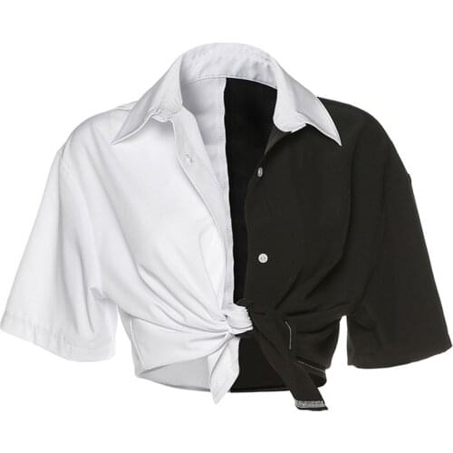 Women Patchwork Button Casual Crop Top Womens Black and White Contrast Navel Top Summer T-Shirts