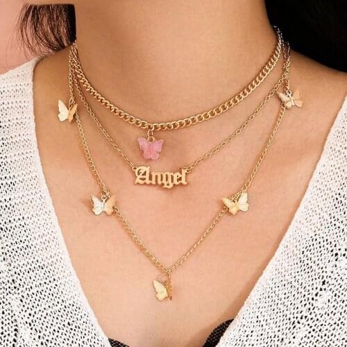 Harajuku Acrylic Multi-Layer Butterfly Pendant Necklace For Women Vintage Charm Cool Animal Y2K Letter Necklace Jewelry Gifts
