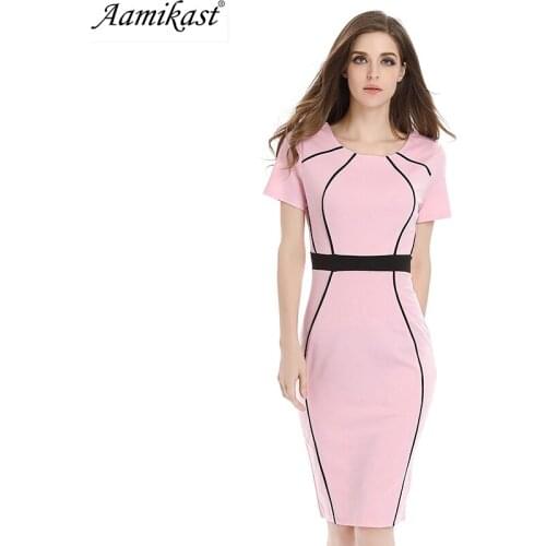 Aamikast Women Elegant Colorblock Contrast Patchwork Short Sleeve 2019 Slim Tunic Wear to Work Office Business Bodycon Dress