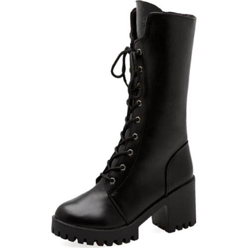 Winter British Thick-Heeled Mid-Tube Boots Womens Boots Plus Velvet High-Heel Lace-Up Snow Boots Short Boots Womens Shoes