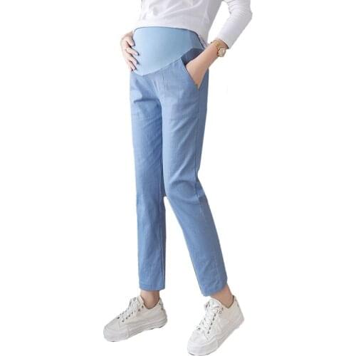 1809# Spring Thin Cotton Linen Maternity Pants Casual Belly Pants Clothes for Pregnant Women 9/10 Length Pregnancy Trousers
