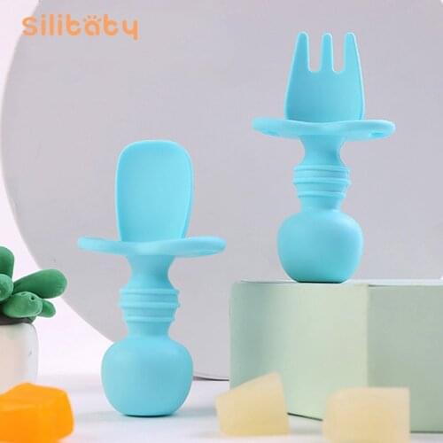 2Pcs/set Baby Silicone Spoon Baby Training Feeding Tableware Auxiliary Food Toddler Feeding Supplies Spoon Fork Set Teether Toy