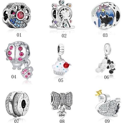 5PCS Original Enamel Crystal Cream Cake Bow Ladybug Mouse Ferris Wheel Swan Hollow Fan Beads Fit European Bracelets DIY Jewelry