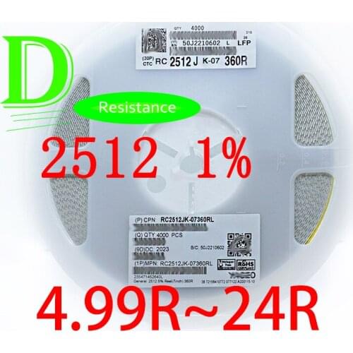 50PCS SMD Resistor 2512 1% RC2512FK-07 Series 4.99R 5.1R 5.6R 6.2R 6.8R 7.5R 8.2R 9.1R 10R 11R 12R 13R 15R 16R 18R 20R 22R 24R