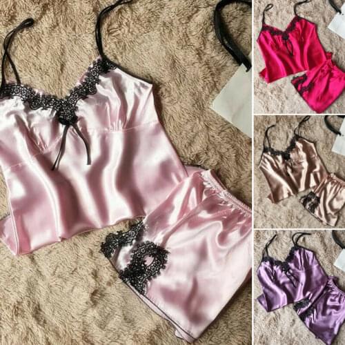 Hot sale solid sleeveless high wasit 2pcs Sexy Women Satin Lace Sleepwear Babydoll Lingerie Nightdress Pajamas Set