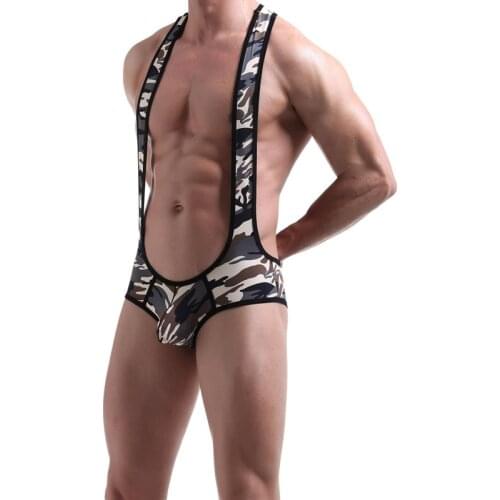 Men Undershirts Leotard Sexy Penis Pouch Bodysuits Jockstrap Wrestling Singlet Camouflage Printed Jumpsuits One-piece Underwear