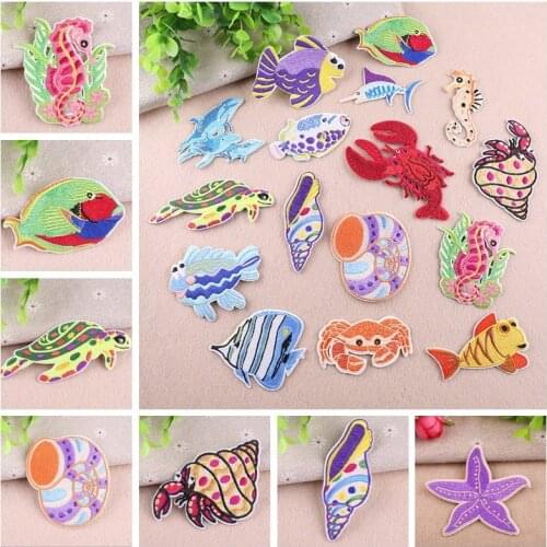 Cartoon Ocean Animal Fish Crab Patches Conch lobster Iron Patches For Clothes Children T-shirt Dresses overcoat DIY Decoration
