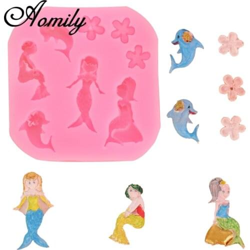 Aomily Mermaid Princess Dolphin Flowers Cake Silicone Mold Fondant Molds Chocolate Candy Moulds DIY Cake Decoration Tools Baking