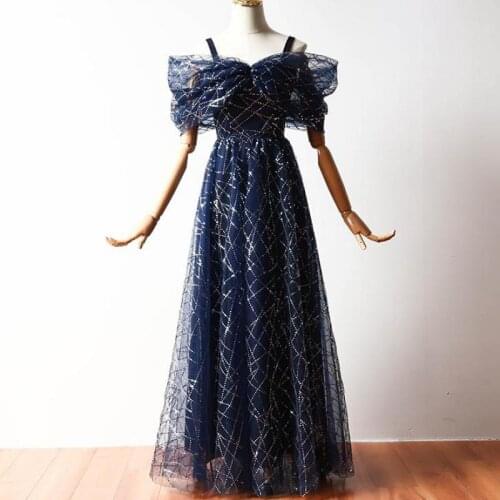 Party Sweetheart A-Line Sexy Floor-Length Sequin Navy Blue White Tulle Fashion Evening Long Dresses