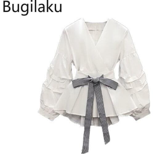 Bugilaku Long Lantern Sleeve Blouse Women Slim Waist Lace Up V Neck Elegant Shirts Office Ladies Single Breasted Elegant Tops