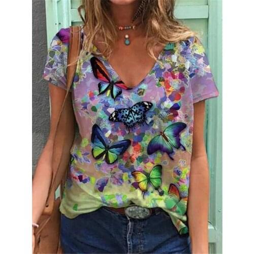 Vintage V Neck Spring Summer Causal Shirt Women Loose Comfortable Tees Flora Animal Printed Streetwear Aesthetic Tops