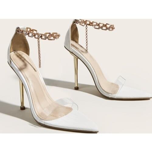 2021 Summer PVC Transparent Rhinestone Chain High Heels Shoes Women Sandals Sharp Toe Sexy Party Ladies Shoes Woman Sandalias