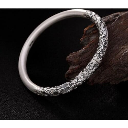 100% Real 999 Full Silver Tribe Totem Patterns Open Bangles for Women Ethnic Fine Jewelry Handmade Carved Bracelets