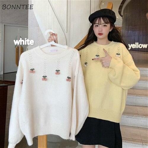 Sweaters Women Vintage Elegant Plus Size 3XL Appliques Solid Comfortable Retro Female Knitwear O-neck Loose Yellow Lovely Simple
