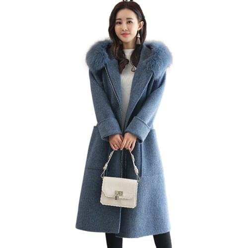 Winter Woolen Coats Women Jacket New Female Long Desgin Fashion Fur collar Hood Coat Elegant Woman Woolen Coats Winter Clothes
