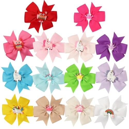 14pcs/lot Hot Pink Ribbon Hairbows With Clips Unicorn Bows Hairpin Children Girls Barrettes Kids Hair Accessories