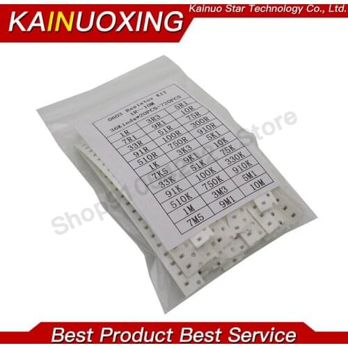 36Value * 20pcs =720pcs 0603 SMD Resistor Kit 1/4W 0.25W 5% 1 ohm~10 Mohm component diy kit new and original