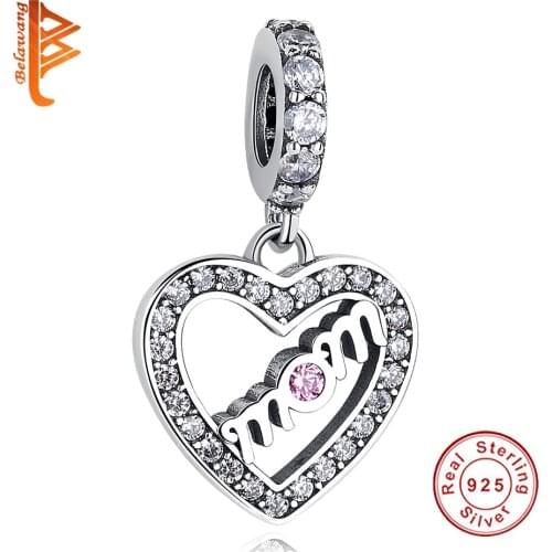 BELAWANG Mothers Day Gift 925 Sterling Silver Pendant Charm Love Heart Bead with Crystal Fit Bracelet Jewelry Making