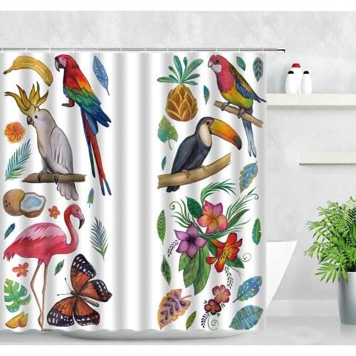 Color Birds Shower Curtains Parrot Flamingo Flowers Butterfly Green Leaf Plant 3D Hand Painted Art Fabric Bathroom Decor Curtain