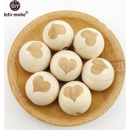 Wooden Teether 10pcs 20mm DIY Beads Natural Wood Beads Round Wooden Beads Wooden Balls Printing Heart Wooden Toys For Baby