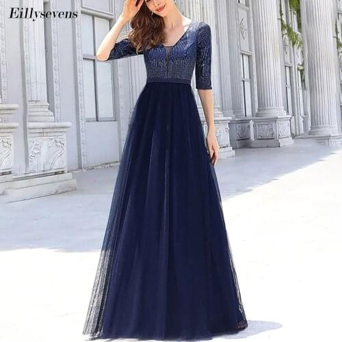 Long Elegant Temperament Dresses 2020 Lace V Neck Wedding Guest Dress Tulle Wedding Party Gowns For Woman Plus Size New Years