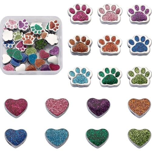 34pcs Dog Bear Paw Prints Alloy Enamel Slider Charms Large Hole Heart Beads For DIY Jewelry Making Bracelet necklace Accessories