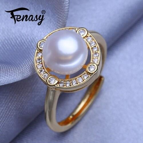 FENASY Natural Freshwater Pearl Rings For Women Bohemian Adjustable Gold Color Emerald Ring Female Party Wedding Jewelry
