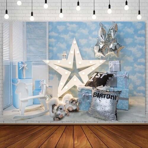 Blue Sky Star Balloon Backdrop 1st Birthday Party Boy Cake Smash Trojan Gift Photography Background Photo Studio Photozone Props