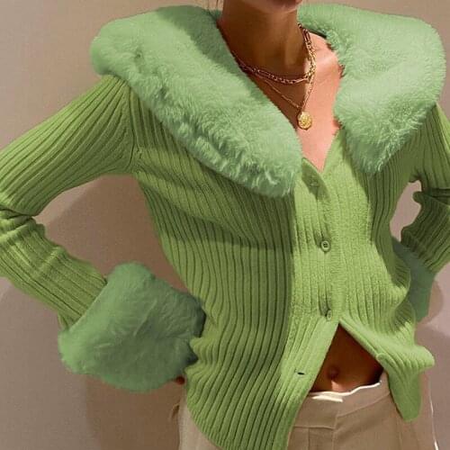 Faux Fur V Neck Patchwork Cardigan Sweater Women Autumn Winter Long Sleeve Single Breasted Knitted Jumpers Ladies Crop Top 2020