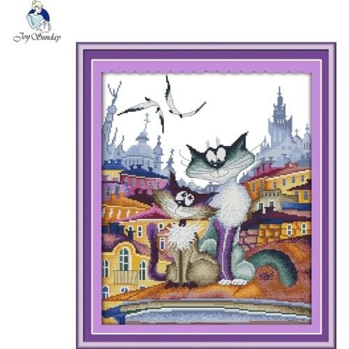 Joy Sunday A Gorgeous City Cat Canvas DMC 11ct 14ct Counted Chinese Cross Stitch Kit Printed for Embroidery Wholesale Home Decor