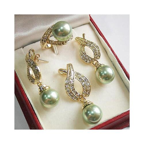 Natural 12mm Green Shell Pearl Pendant Necklace Earrings Ring Set **- watch wholesale Quartz stone CZ crystal