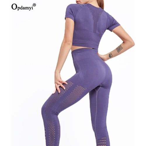 Seamless Yoga Sets Women Gym Clothes Mesh High Waist Leggings Short Sleeve Crop Top Sports Suit Fitness Sportswear Workout Set