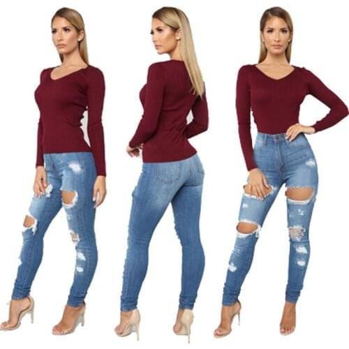 2020 Best-selling Ripped Pants Womens Fashion High-waist Tight-fitting Womens Trousers Blue Pencil Pants Autumn New Style