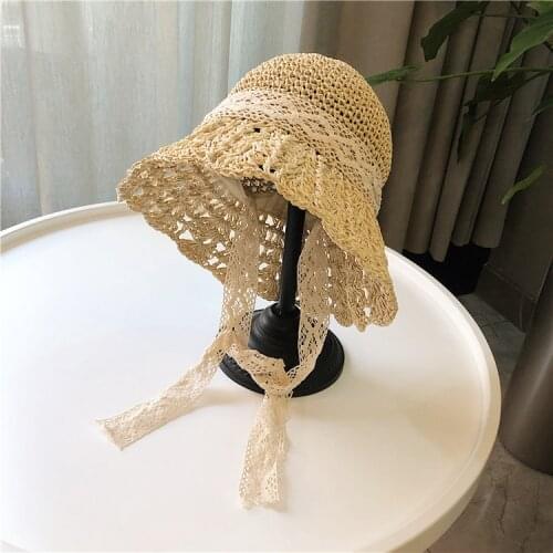 202103-YZ new summer hamdade paper lace ribbon holiday lady leisure sun cap women leisure hat