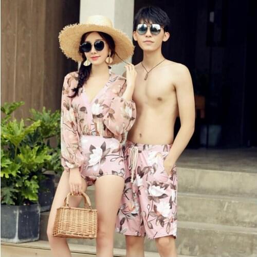 New Lovers Swimsuits Summer Surf Swimwear Swimming Suit For Women Korean Beach Suits Bikini Set Men Couple Print Polyester