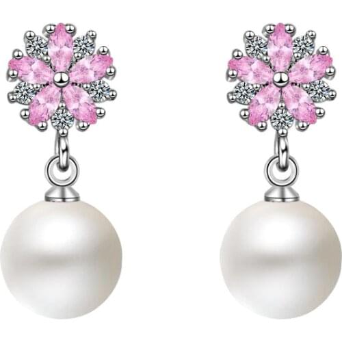 New 925 Sterling Silver Fashion Ice Flower Crystal Pearl Ladies`stud Earrings for Women Jewelry Wedding Gift Girl