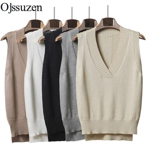 Sleeveless Pullovers Womens Sweater Vest V Neck Sexy Korean White Apricot Soft Vest Knitting Female Autumn Winter Top Sweater