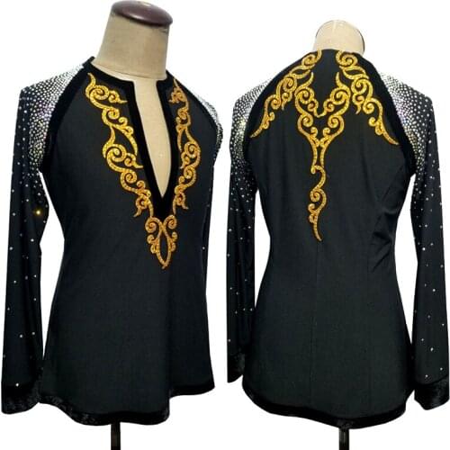 Latin Dance Competition Shirts Men Rhinestone Long Sleeve Tops Gold Printed Ballroom Cha Cha Performance Dance Costume DNV14716