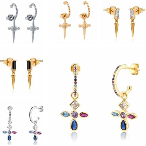 925 Silver Ear Needle Colorful Crystal Cross Metal Punk Rivet Pendant Stud Earrings for Women Trendy Personality Jewelry Earring