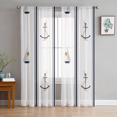 Boat Anchor Stripes Rectangle White Window Tulle Curtains for Living Room Bedroom Hotel Luxury Decoration Sheer Curtains