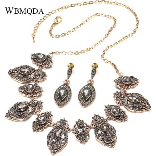 Wbmqda Luxury Gray Crystal Flower Bridal Necklace For Women Antique Gold Beach Party Drop Earring necklace Vintage Jewelry Sets
