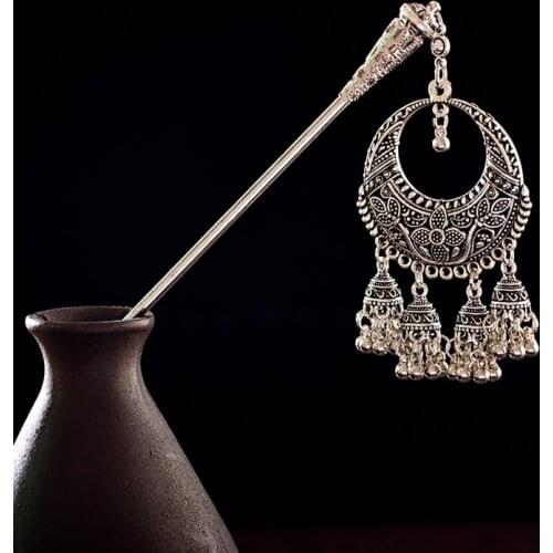 Classic Womens Vintage Silver Color Alloy Hair Stick Bohemia Ethnic Long Tassel Hair Sticks Elegant Hairpin Accessories