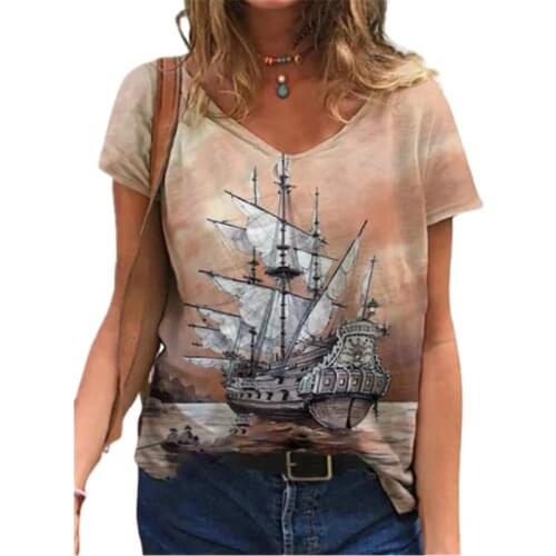 3D Boat Print Women T Shirt Summer Casual Short Sleeve V-Neck Loose Street Tops Plus Size Female Cotton Tee WomenS Clothes 2021