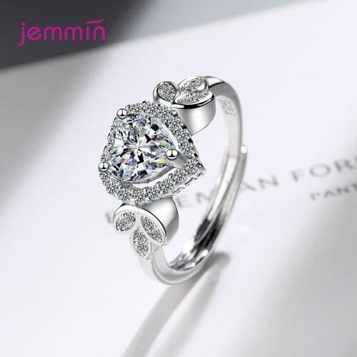 925 Sterling Silver Cute Heart Crystal Resizable Rings For Women Girls Wedding Engagement Fashion Jewelry Valentines Day Gift