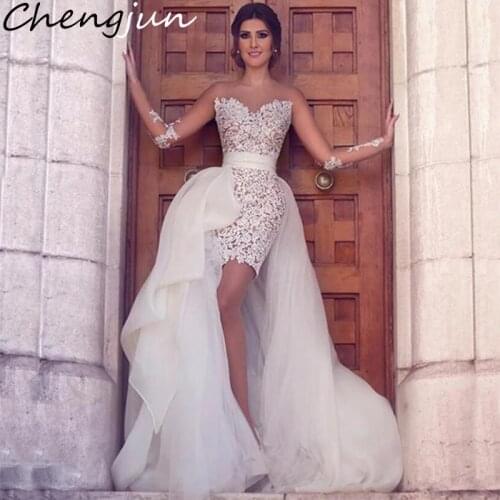 Chengjun Unique Sexy White Lace Bodycon Mini Wedding Dress With Detachable Train